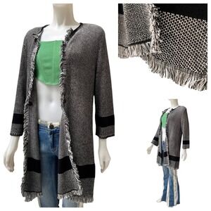 Jones Studio Womens Black White Striped Fringe Long Open Cardigan Lagenlook Sz M